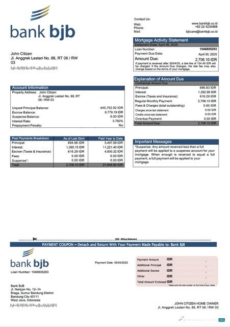 Download Indonesia Bank BJB mortgage statement Word and PDF template Photoshop template